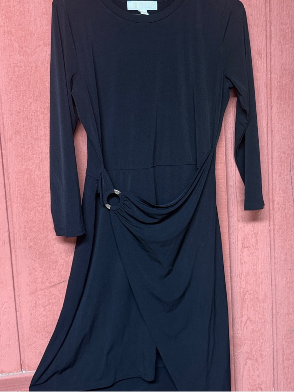 Michael Kors Black Long-Sleeve Draped Wrap Dress with Ring Detail